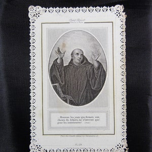 Saint-Benoît Image pieuse ancienne dentelle, Canivet, carte dentelle religieuse, Letaille à Paris, carte de prière