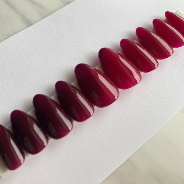 Red Jelly Color Changing Press on Nails,  Dark vampy red to wine red Color Changing Nails, Custom Set of 10 Reusable Press-On Nails