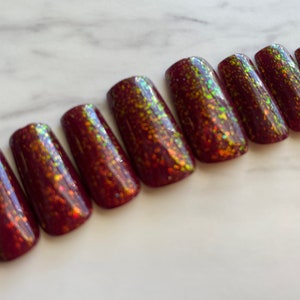 Wine Red Nails with Iridescent Flakes, Fall Leaves Red Press On Nails, Warm Fall Press On Nails, Vampy Red Glue On Nails, Custom Press-Ons