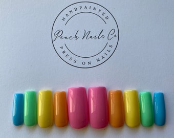 Bright Rainbow Press on Nails Set, Glue on Nails, Press On Nail Set, Custom Set of Reusable Press-On Nails