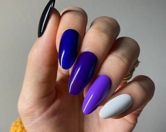 Dark Gradient Nails, Black to Cobalt Blue to Purple and White Press on Nails, Cool tone Ombré, Vampy Nails, Custom Press On Nails