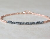 Black Diamond Bracelet, Raw Rough Diamonds, Delicate Rose Gold Bracelet, April Birthstone, Dainty Beaded Gemstone Bracelet, Gift for Her