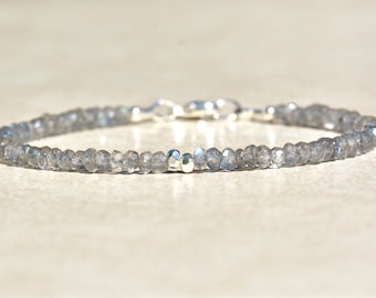 Labradorite Bracelet, Women's Gemstone Sterling Silver Bracelet, Natural Beaded Labradorite Jewelry, Mothers Day Gift for Her