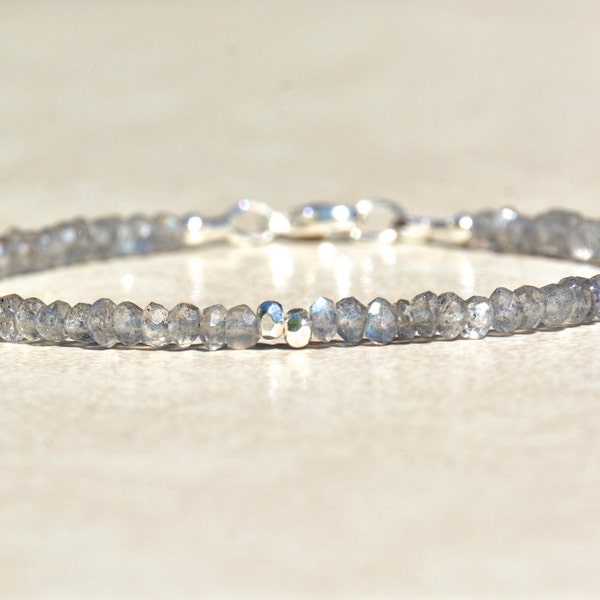 Labradorite Bracelet, Women's Gemstone Sterling Silver Bracelet, Natural Beaded Labradorite Jewelry, Mothers Day Gift for Her
