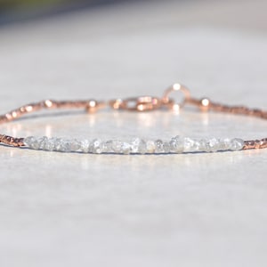 Diamond Bracelet, Raw Rough Diamond, Rose Gold Jewelry, April Birthstone, Delicate Beaded Gemstone Bracelet, Mothers Day Gift for Her image 1