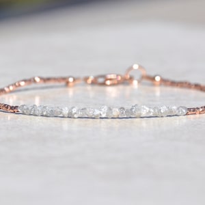 Diamond Bracelet, Raw Rough Diamond, Rose Gold Jewelry, April Birthstone, Delicate Beaded Gemstone Bracelet, Mothers Day Gift for Her image 1