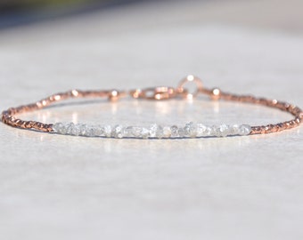 Diamond Bracelet, Raw Rough Diamond, Rose Gold Jewelry, April Birthstone, Delicate Beaded Gemstone Bracelet, Mothers Day Gift for Her