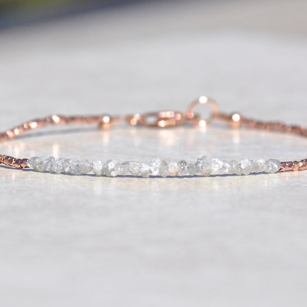 Diamond Bracelet, Raw Rough Diamond, Rose Gold Jewelry, April Birthstone, Delicate Beaded Gemstone Bracelet, Birthday Gift for Her