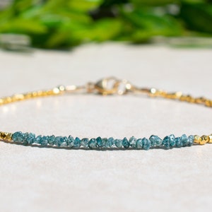 Blue Raw Diamond Bracelet, April Birthstone, Gold Vermeil Beaded Gemstone Jewelry, Dainty Stacking Bracelet, Mothers Day Gift For Her