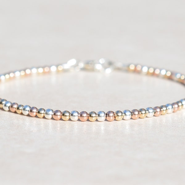 Rose Gold Yellow Gold, Sterling Silver Bracelet, 3 sizes Round Beaded Ball Bracelet, Delicate Stacking Bracelet, Mothers Day Gift for Her