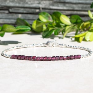 Natural Purple Garnet Cube Bracelet with Karen Hill Tribe Silver | Dainty Women's Crystal Beaded Gemstone January Birthstone Jewelry