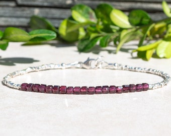 Natural Purple Garnet Cube Bracelet with Karen Hill Tribe Silver, Dainty Women&#39;s Crystal January Birthstone Jewelry, Valentines Gift for Her