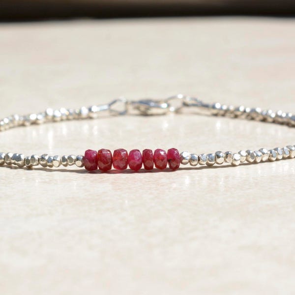 Natural Ruby Gemstone Bracelet, July Birthstone, Dainty Sterling Silver Bracelet, Women's Beaded Bracelet, Birthday Gift for Her