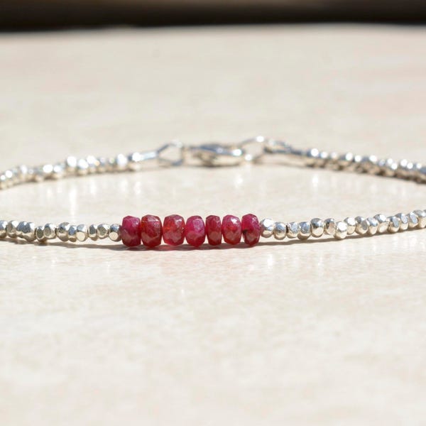 Natural Ruby Gemstone Bracelet, July Birthstone, Dainty Sterling Silver Bracelet, Women's Beaded Bracelet, Mothers Day Gift for Her