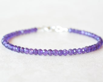 Amethyst Bracelet, February Birthstone, Beaded Gemstone Bracelet,  Women's Dainty Delicate Purple Jewelry, Birthday Gift for Her