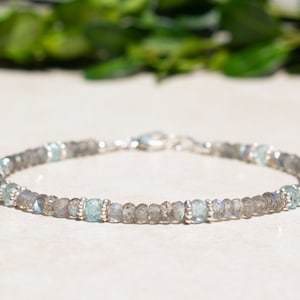 Labradorite & Aquamarine Bracelet, Dainty Gemstone Beaded Jewelry, Sterling Silver, March Birthstone Bracelet, Mothers Day Gift for Her