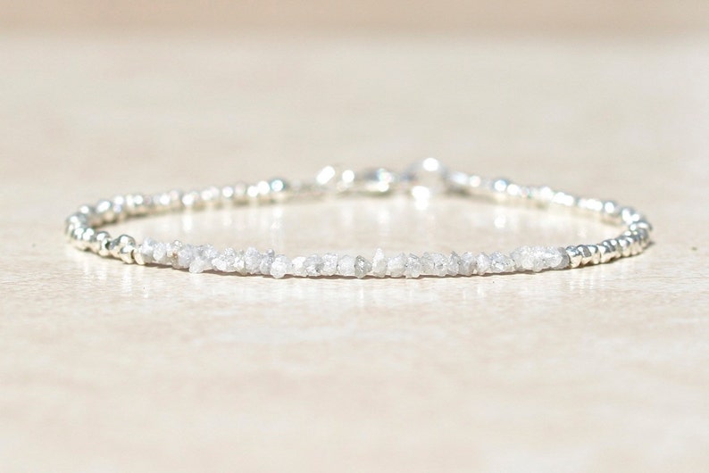 April Birthstone Diamond Bracelet, Genuine Raw Diamond Bracelet, Silver Beaded, Delicate Rough Diamond Bracelet, Mothers Day Gift for Her image 4