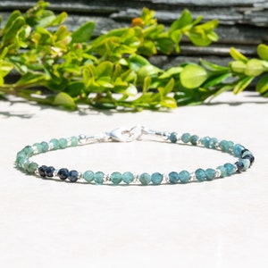 Natural Dainty Grandidierite and Silver Beaded Bracelet for Women, Birthday Gift for Her