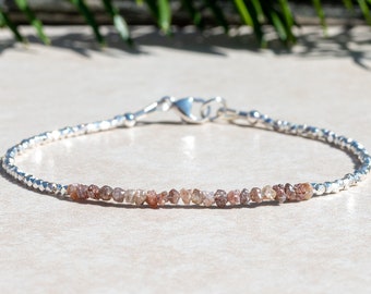 Raw Champagne Diamond and Karen Hill Tribe Beaded Bracelet, Delicate April Birthstone Bracelet for Women, Mothers Day Gift for Her