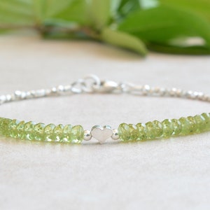Peridot Bracelet, Green August Birthstone Bracelet, Dainty Gemstone Beaded Bracelet, Sterling Silver Jewelry, Birthday Gift For Her