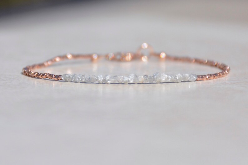 Diamond Bracelet, Raw Rough Diamond, Rose Gold Jewelry, April Birthstone, Delicate Beaded Gemstone Bracelet, Mothers Day Gift for Her image 4