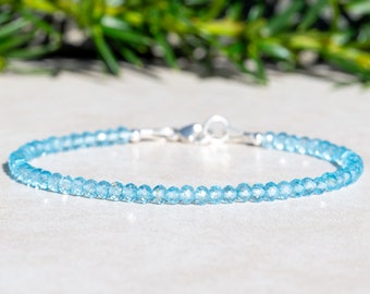 Blue Topaz Bracelet, December Birthstone, Beaded Gemstone Bracelet, Dainty Delicate Bracelet, Birthstone Jewelry, Mothers Day Gift for Her