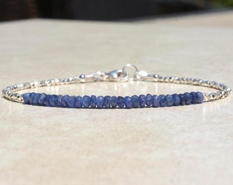 Natural Blue Burma Sapphire Gemstone Bracelet For Women | Dainty September Birthstone and Silver Beaded Stacking Bracelet | Gift for Her