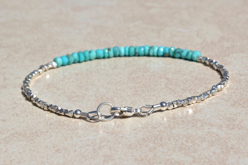 Natural Turquoise Sleeping Beauty Bracelet, Beaded Silver Bracelet for Women, December Birthstone Jewelry, Mothers Day Gift for Her image 4