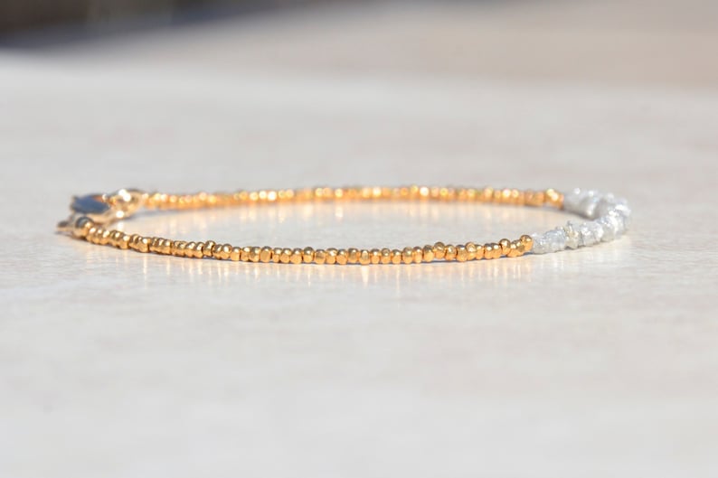 April Birthstone Diamond Bracelet, Raw Rough Diamonds, Beaded Gemstone Bracelet, Delicate Gold Vermeil Bracelet, Birthday Gift for Her image 4