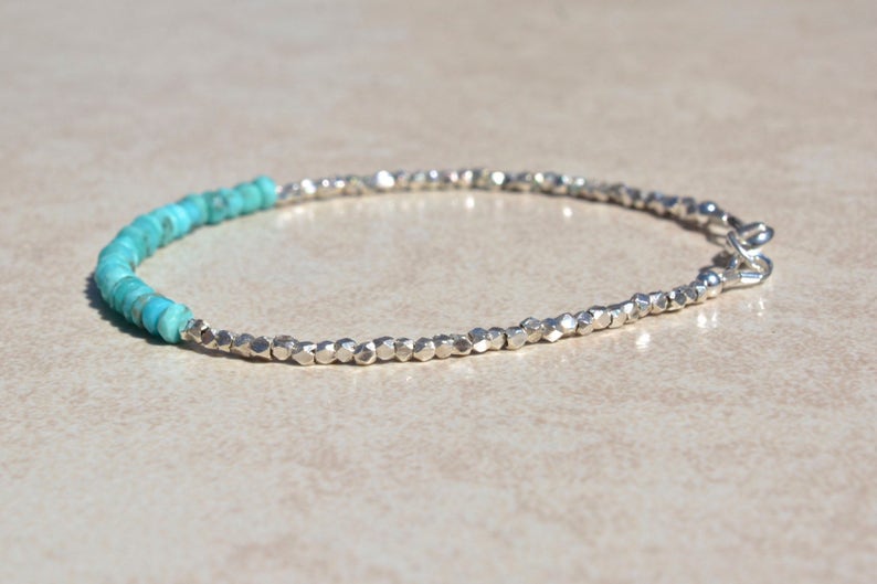 Natural Turquoise Sleeping Beauty Bracelet, Beaded Silver Bracelet for Women, December Birthstone Jewelry, Mothers Day Gift for Her image 2