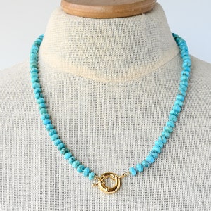 Hand Knotted Natural Kingman Turquoise Necklace with Gold Filled Clasp, Unique Gemstone Candy Necklace Un-Dyed, Mothers Day Gift for Her image 1