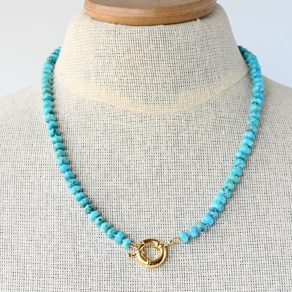 Hand Knotted Natural Kingman Turquoise Necklace with Gold Filled Clasp, Unique Gemstone Candy Necklace Un-Dyed, Mothers Day Gift for Her