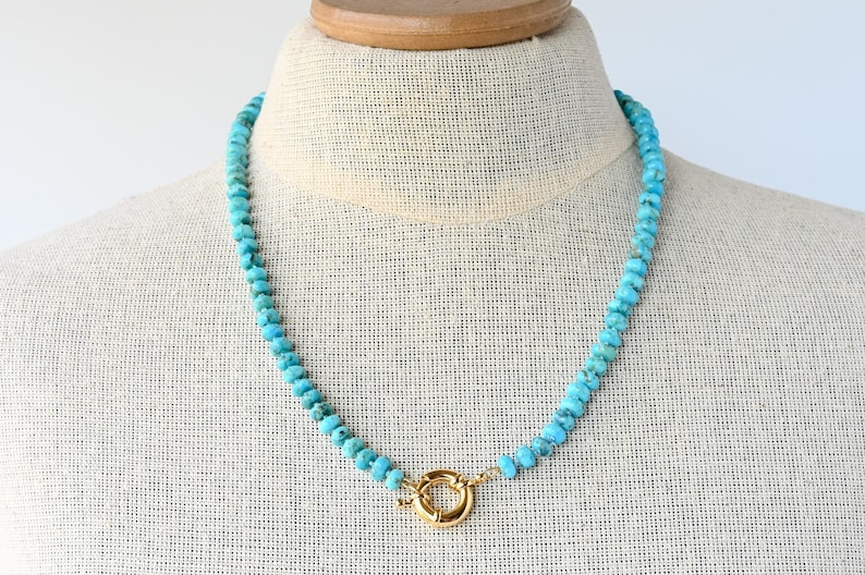 Hand Knotted Natural Kingman Turquoise Necklace with Gold Filled Clasp, Unique Gemstone Candy Necklace Un-Dyed, Mothers Day Gift for Her image 1