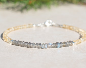 Citrine & Labradorite Bracelet, Delicate Gemstone Beaded Jewelry, Sterling Silver, November Birthstone, Women's Mothers Day Gift for Her