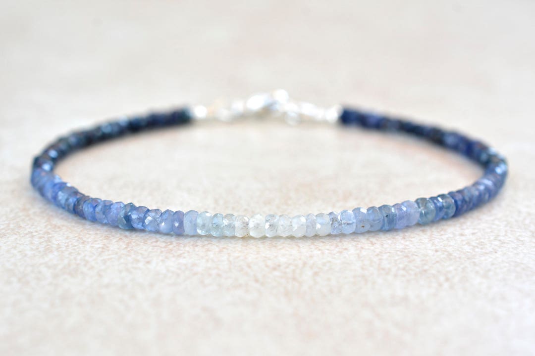 September Birthstone Beaded Bracelet, Ombre Sapphire Gemstone Bracelet ...