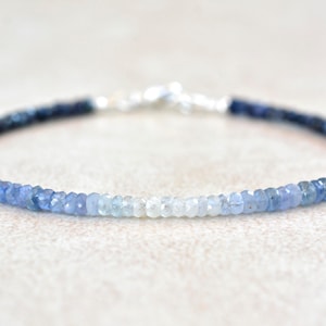 September Birthstone Beaded Bracelet, Ombre Sapphire Gemstone Bracelet, Thin Natural Blue Sapphire, Birthday Gift For Her