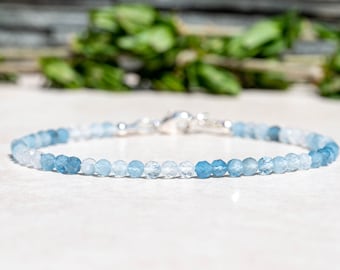 Natural Ombre Aquamarine Women's Gemstone Beaded Bracelet Unique Stacking Bracelet Mothers Day Gift for Her