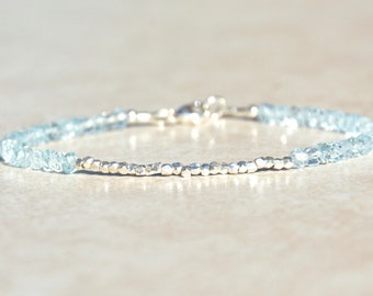 Blue Topaz Bracelet, December Birthstone, Beaded Gemstone Bracelet, Gift for Her, Birthstone Jewelry, Friendship Bracelet, Silver Bracelet