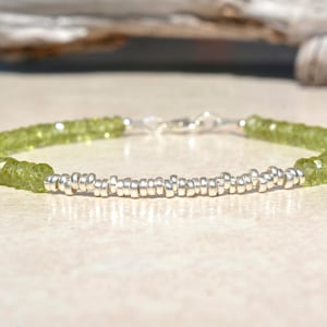 Peridot Bracelet, August Birthstone Beaded Bracelet, Sterling Silver Gemstone Jewelry, Stacking Bracelet, Birthday Gift for Women