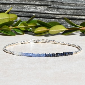 Sapphire Gemstone Beaded Bracelet, Karen Hill Tribe Silver, September Birthstone, Ombre Natural Blue Sapphire, Handmade Gift For Her