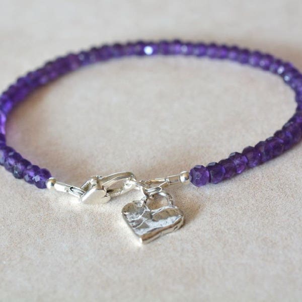 Amethyst Bracelet, February Birthstone, Gemstone Beaded Bracelet, Sterling Silver Heart Charm, Purple Bracelet, Graduation Gift For Her