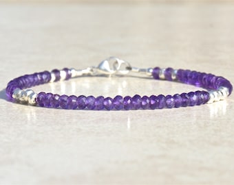 Amethyst Bracelet, February Birthstone, Beaded Gemstone Bracelet, Sterling Silver, Dainty Delicate Purple Bracelet, Birthday Gift for Her