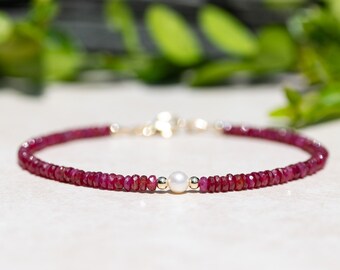 Natural Untreated Red Ruby & Freshwater Pearl June/July Birthstone Bracelet, Women's Handmade Custom Size and Finish