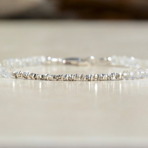 Moonstone Bracelet, June Birthstone Bracelet, Natural Delicate Beaded Bracelet, Sterling Silver, Birthday Gift for Her