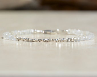 Moonstone Bracelet, June Birthstone Bracelet, Natural Delicate Beaded Bracelet, Sterling Silver, Birthday Gift for Her