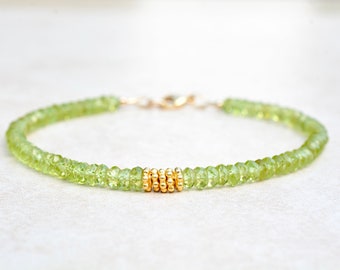 Peridot & Gold Bracelet, August Birthstone Bracelet, Peridot, Green Beaded Gemstone Bracelet, Stack Bracelet, Mothers Day  Gift For Her