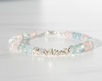 Natural Aquamarine and Sterling Silver Stick Bead Bracelet heart shaped clasp.  Great Birthday or Mothers Day Gift for a women