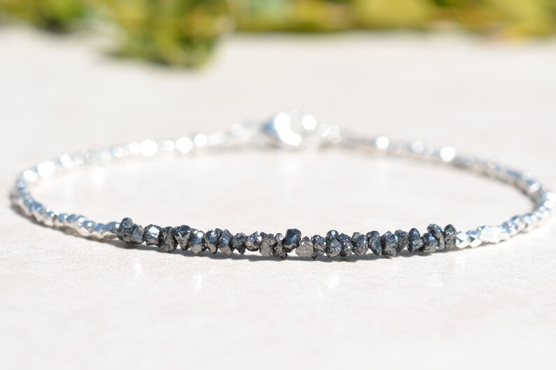 Black Diamond Bracelet, April Birthstone, Genuine Raw Rough Diamond, Delicate Gemstone Beaded Jewelry, Mothers Day Gift for Her image 2