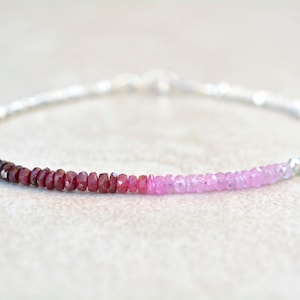 Ombre Ruby Gemstone Bracelet, July Beaded Birthstone, Dainty Stacking Bracelet, Womens Jewelry, Sterling Silver, Birthday Gift for Her