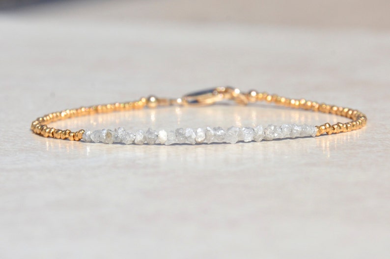 April Birthstone Diamond Bracelet, Raw Rough Diamonds, Beaded Gemstone Bracelet, Delicate Gold Vermeil Bracelet, Mothers Day Gift for Her image 3